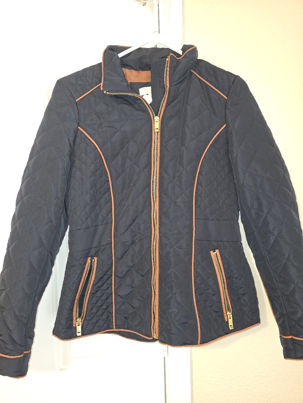 H&M Navy Quilted Bomber Jacket with Orange Trim